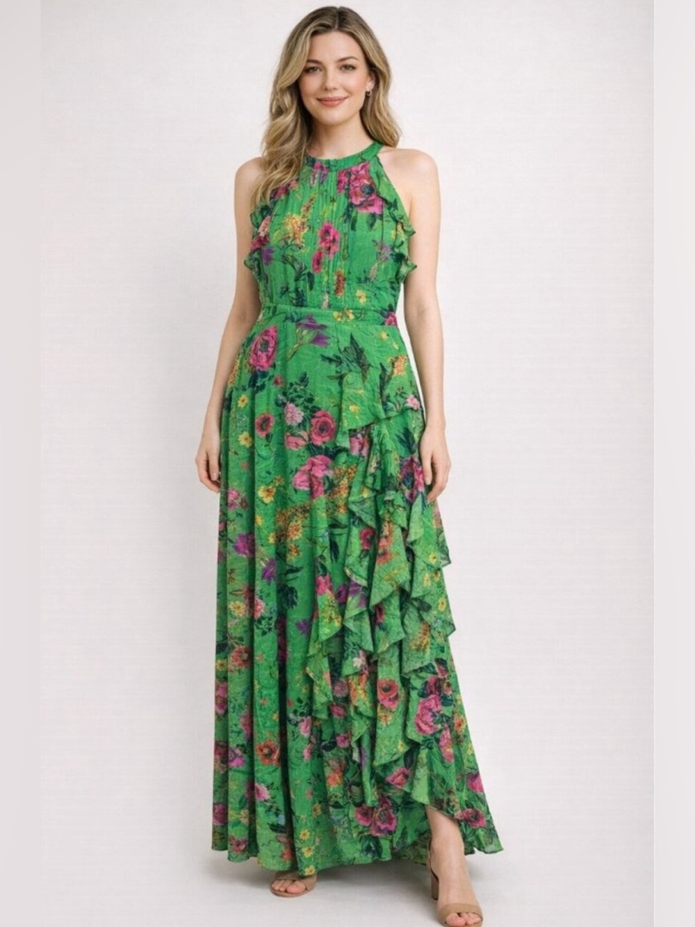 Betsy & adam green ruffle floral maxi dress size 4
